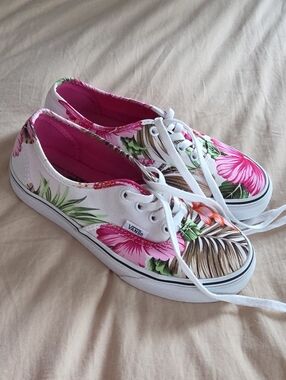 Vans Women’s White Sneakers with Pink Floral and Green Leaf Print